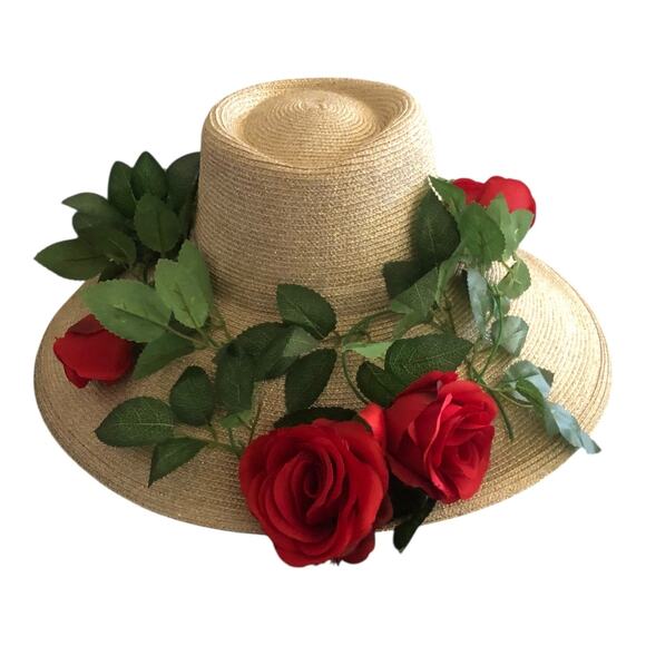 Fine Millinery Collection By August Accessories Wide Brim Red Roses Floral Hat - Picture 5 of 11